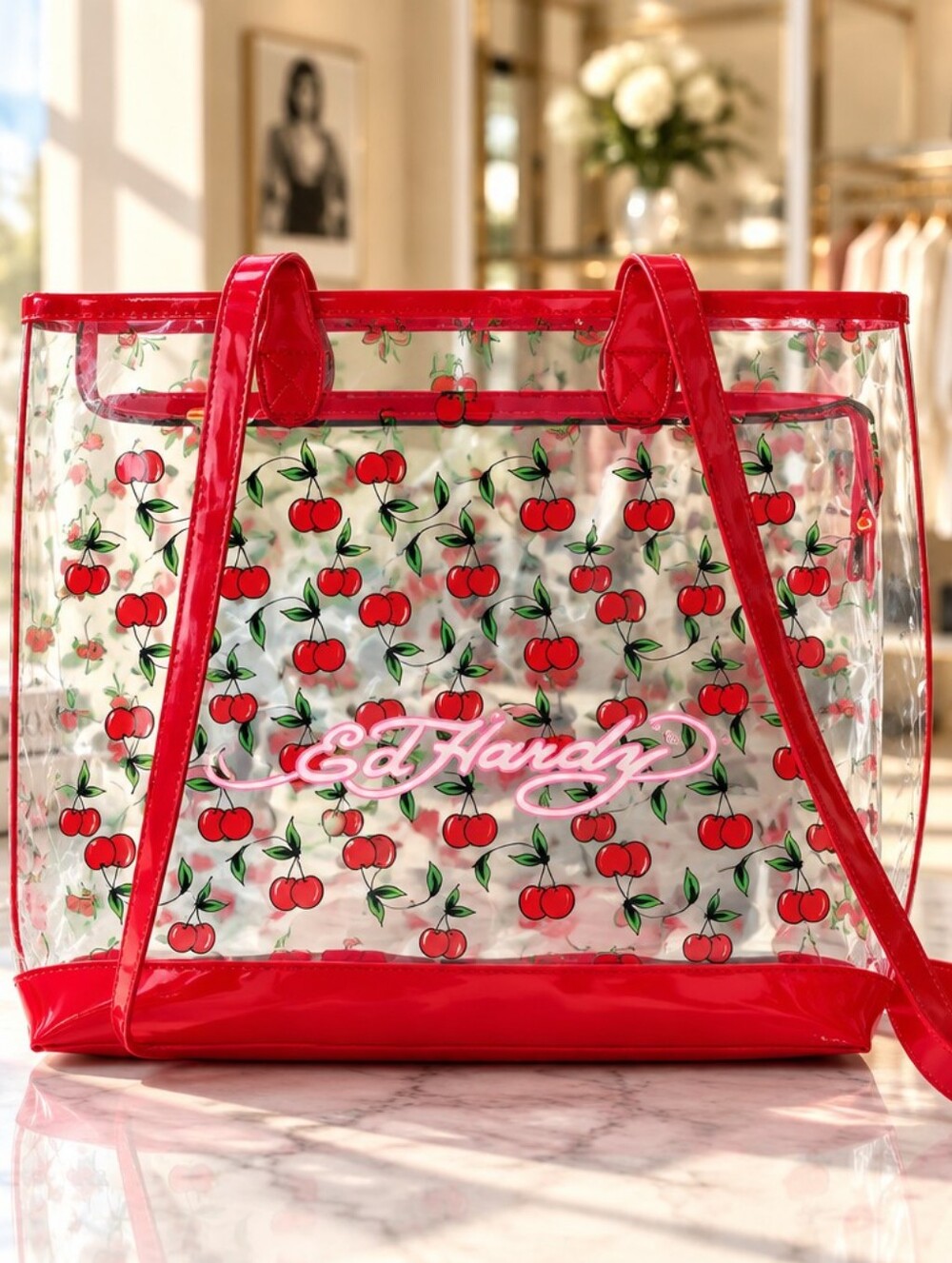 Ed Hardy Clear Tote with Red Cherry Print NWT